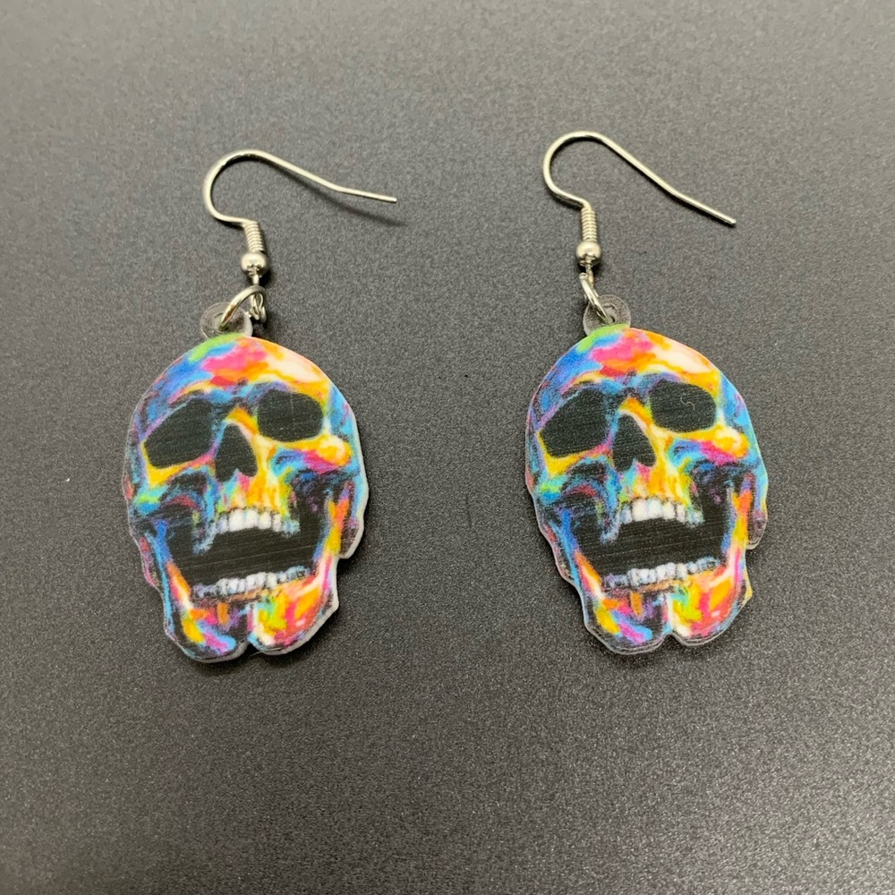Sugar skull tie dye goth Wicca Earring Halloween - Picture 2 of 4